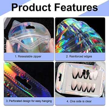 Empty Press on Nail Eyelashes Packaging Bag, Contains 50pcs Holographic rainbow bag and 50pcs pearlescent white cardboard and a roll of 5m clear double-sided tape for Handmade Press on Nails Business