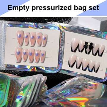Empty Press on Nail Eyelashes Packaging Bag, Contains 50pcs Holographic rainbow bag and 50pcs pearlescent white cardboard and a roll of 5m clear double-sided tape for Handmade Press on Nails Business