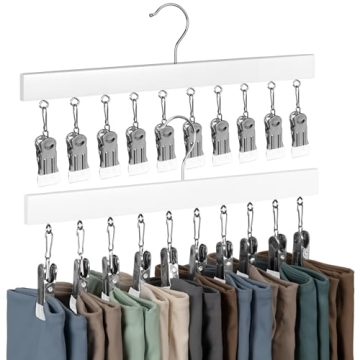 StorageWorks Wood Hanger for Pants, Wooden Pants Hangers with 10 Nonslip Clips, Set of 2 Legging Organizer for Closet, Space Saving Hangers Hold 20 Skirts, Hats, Shorts, White