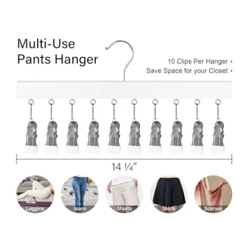 StorageWorks Wood Hanger for Pants, Wooden Pants Hangers with 10 Nonslip Clips, Set of 2 Legging Organizer for Closet, Space Saving Hangers Hold 20 Skirts, Hats, Shorts, White