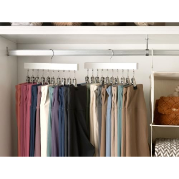 StorageWorks Wood Hanger for Pants, Wooden Pants Hangers with 10 Nonslip Clips, Set of 2 Legging Organizer for Closet, Space Saving Hangers Hold 20 Skirts, Hats, Shorts, White