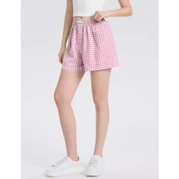 LOMON Womens Boxer Shorts Casual Summer Cotton Pajama Lounge Sleep Pj Gingham Plaid Shorts Y2K Beach Bottoms (Pink White Plaid M)