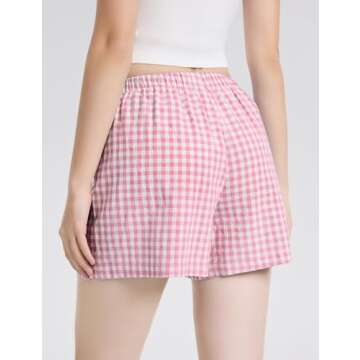 LOMON Womens Boxer Shorts Casual Summer Cotton Pajama Lounge Sleep Pj Gingham Plaid Shorts Y2K Beach Bottoms (Pink White Plaid M)