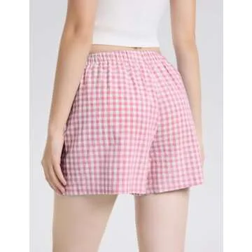 LOMON Womens Boxer Shorts Casual Summer Cotton Pajama Lounge Sleep Pj Gingham Plaid Shorts Y2K Beach Bottoms (Pink White Plaid M)