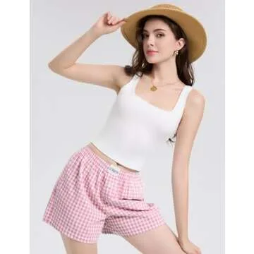 LOMON Womens Boxer Shorts Casual Summer Cotton Pajama Lounge Sleep Pj Gingham Plaid Shorts Y2K Beach Bottoms (Pink White Plaid M)