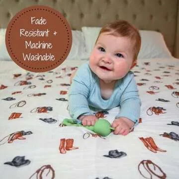 LollyBanks Baby Blanket for Boys, Large 47 x 47 Inches Soft Muslin Swaddle Blankets, 100% Cotton Breathable and Lightweight Baby Receiving Blankets, Baby Essentials, Registry (Cowboy Boot Print)