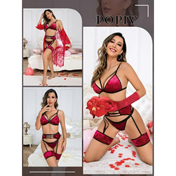 Popiv Women's Sexy Lingerie Set with Garter Belt 4 Piece