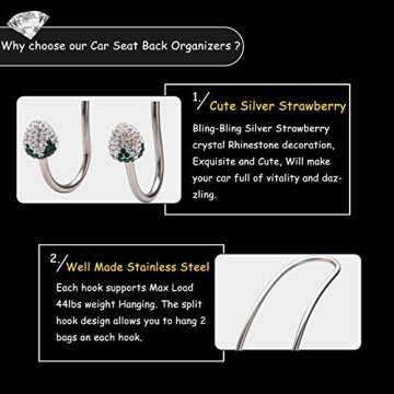 Stylish Bling Silver Strawberry Car Seat Back Organizers，Universal Car Organizer Hooks Headrest Hangers for SUV Truck Vehicle, Unique Car Interior Decor Accessory,Durable Auto Backseat Hanger Storage