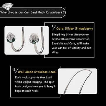 Stylish Bling Silver Strawberry Car Seat Back Organizers，Universal Car Organizer Hooks Headrest Hangers for SUV Truck Vehicle, Unique Car Interior Decor Accessory,Durable Auto Backseat Hanger Storage