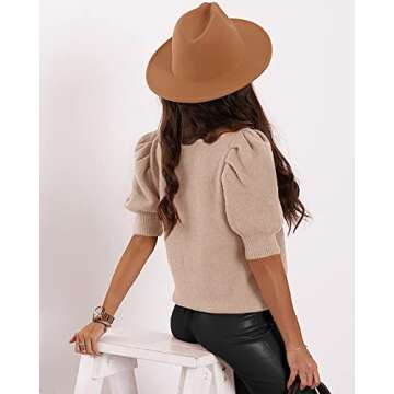 Women's Puff Short Sleeve Sweater Tops 2025 Spring Summer Trendy Casual T Shirts Blouses Light Beige