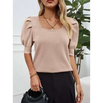 Women's Puff Short Sleeve Sweater Tops 2025 Spring Summer Trendy Casual T Shirts Blouses Light Beige