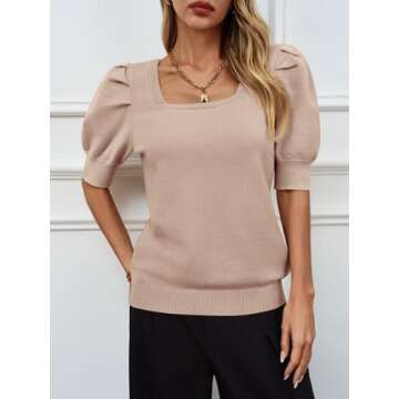 Women's Puff Short Sleeve Sweater Tops 2025 Spring Summer Trendy Casual T Shirts Blouses Light Beige
