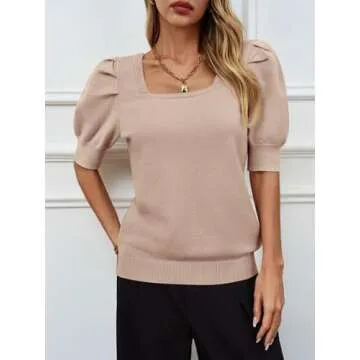 Women's Puff Short Sleeve Sweater Tops 2025 Spring Summer Trendy Casual T Shirts Blouses Light Beige