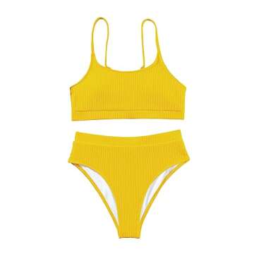 Lilosy High Waisted Tummy Control Bikini Ribbed Sporty Brazilian Swimsuit Set Women Highwaisted Cheeky Cut Leg Rise Bottom Crop Push Up Top 2 Piece Bathing Suit Yellow Medium