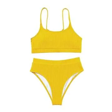 Lilosy High Waisted Tummy Control Bikini Ribbed Sporty Brazilian Swimsuit Set Women Highwaisted Cheeky Cut Leg Rise Bottom Crop Push Up Top 2 Piece Bathing Suit Yellow Medium