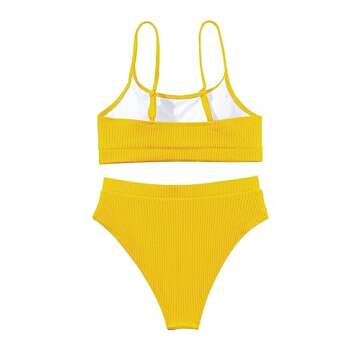 Lilosy High Waisted Tummy Control Bikini Ribbed Sporty Brazilian Swimsuit Set Women Highwaisted Cheeky Cut Leg Rise Bottom Crop Push Up Top 2 Piece Bathing Suit Yellow Medium