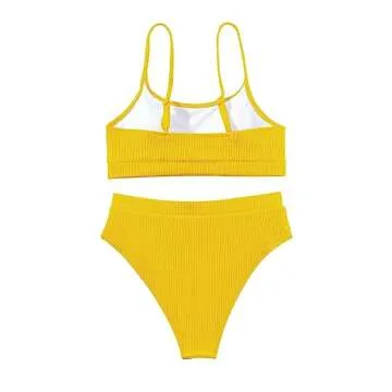 Lilosy High Waisted Tummy Control Bikini Ribbed Sporty Brazilian Swimsuit Set Women Highwaisted Cheeky Cut Leg Rise Bottom Crop Push Up Top 2 Piece Bathing Suit Yellow Medium
