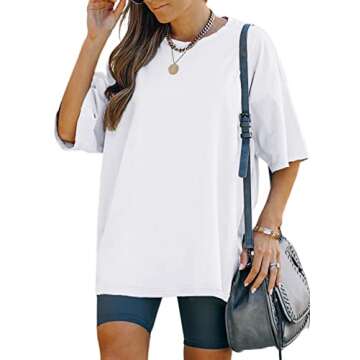 YEXIPO Women's Oversized T Shirts Summer Short Sleeve Loose Fit Casual Crewneck Plain Tunic Tops White