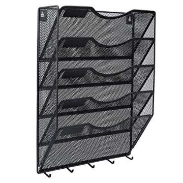 EasyPAG Wall Mount File Organizer with Key Hooks 5 Pocket Vertical Mesh Hanging Wall File Holder Magzine Paper Folders Rack for Office and Home,Black