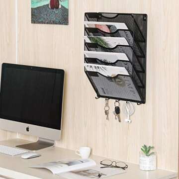 EasyPAG Wall Mount File Organizer with Key Hooks 5 Pocket Vertical Mesh Hanging Wall File Holder Magzine Paper Folders Rack for Office and Home,Black