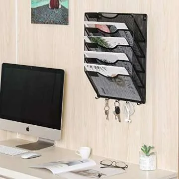 EasyPAG Wall Mount File Organizer with Key Hooks 5 Pocket Vertical Mesh Hanging Wall File Holder Magzine Paper Folders Rack for Office and Home,Black