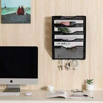 EasyPAG Wall Mount File Organizer with Key Hooks 5 Pocket Vertical Mesh Hanging Wall File Holder Magzine Paper Folders Rack for Office and Home,Black