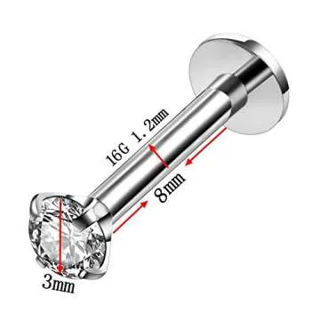 16G Clear CZ Labret Monroe Lip Ring Tragus Nail Helix Earring Stud Piercing Jewelry Surgical Stainless Steel 2mm 3mm CZ 8mm Bar 4-8 Pcs (2 Pairs Yellow Gold - Bar 8mm; CZ:2-3mm)