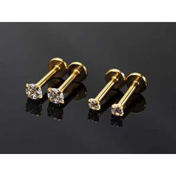 16G Clear CZ Labret Monroe Lip Ring Tragus Nail Helix Earring Stud Piercing Jewelry Surgical Stainless Steel 2mm 3mm CZ 8mm Bar 4-8 Pcs (2 Pairs Yellow Gold - Bar 8mm; CZ:2-3mm)