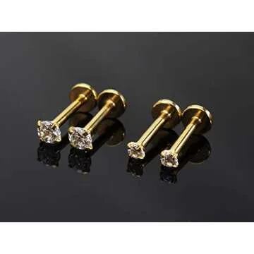 16G Clear CZ Labret Monroe Lip Ring Tragus Nail Helix Earring Stud Piercing Jewelry Surgical Stainless Steel 2mm 3mm CZ 8mm Bar 4-8 Pcs (2 Pairs Yellow Gold - Bar 8mm; CZ:2-3mm)