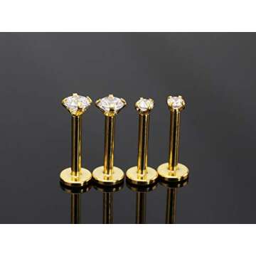 16G Clear CZ Labret Monroe Lip Ring Tragus Nail Helix Earring Stud Piercing Jewelry Surgical Stainless Steel 2mm 3mm CZ 8mm Bar 4-8 Pcs (2 Pairs Yellow Gold - Bar 8mm; CZ:2-3mm)
