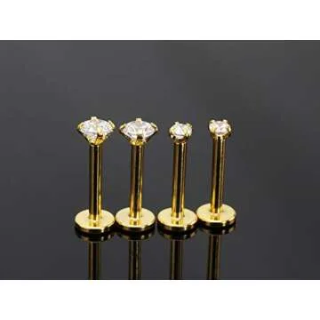 16G Clear CZ Labret Monroe Lip Ring Tragus Nail Helix Earring Stud Piercing Jewelry Surgical Stainless Steel 2mm 3mm CZ 8mm Bar 4-8 Pcs (2 Pairs Yellow Gold - Bar 8mm; CZ:2-3mm)