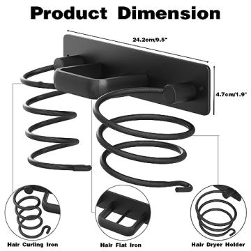 hicorfe Hair Dryer Holder 3 in 1 Hair Tool Organizer,Blow Dryer Holder Wall Mounted,Bathroom Bedroom Hair Care Styling for Flat Iron,Curling Iron,Hair Straightener （Black）