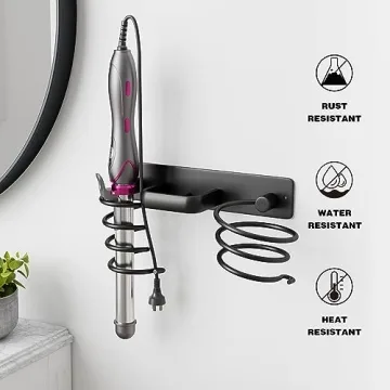 hicorfe Hair Dryer Holder 3 in 1 Hair Tool Organizer,Blow Dryer Holder Wall Mounted,Bathroom Bedroom Hair Care Styling for Flat Iron,Curling Iron,Hair Straightener （Black）
