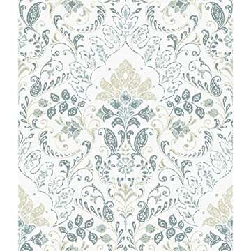 RoomMates RMK11998WP White and Blue Persian Damask Peel and Stick Wallpaper
