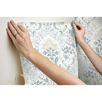 RoomMates RMK11998WP White and Blue Persian Damask Peel and Stick Wallpaper