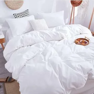 KAREVER White Fluffy Comforter Queen White Linen Comforter Queen True White Bedding Set Soft Durable Breathable Solid Fluffy White Comforter Set Queen Women Lightweight White Linen Comforter Queen