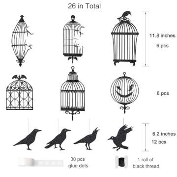 Cheerland Crow & Cage Garland Black Gothic Decorations Indoor Raven Decor Horror Birthday Party Supp...