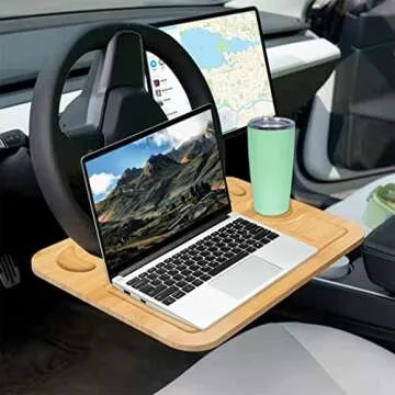 lebogner Steering Wheel Tray, Car Tray for Eating, Hook On Steering Wheel Desk for Food, Laptop and Car Accessories, Car Road Trip Must Haves Gadgets Car Table (Bamboo Wood)