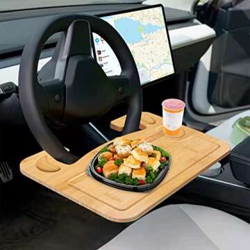 lebogner Steering Wheel Tray, Car Tray for Eating, Hook On Steering Wheel Desk for Food, Laptop and Car Accessories, Car Road Trip Must Haves Gadgets Car Table (Bamboo Wood)