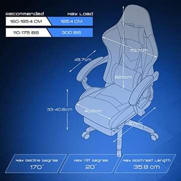 Dowinx Gaming Chair Fabric with Pocket Spring Cushion, Massage Game Chair Cloth with Headrest, Ergonomic Computer Chair with Footrest 290LBS, Black Blue