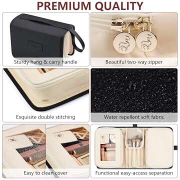 Travel Makeup Bag for Women for Cosmetics, Brushes, and Toiletries, Portable Makeup Organizer, Large Capacity Storage Cosmetic Bag for Business, Vacation, or Weekend Traveling (Black & Ivory)