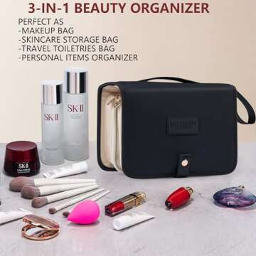 Travel Makeup Bag for Women for Cosmetics, Brushes, and Toiletries, Portable Makeup Organizer, Large Capacity Storage Cosmetic Bag for Business, Vacation, or Weekend Traveling (Black & Ivory)