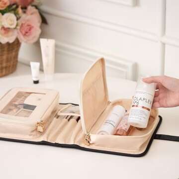 Travel Makeup Bag for Women for Cosmetics, Brushes, and Toiletries, Portable Makeup Organizer, Large Capacity Storage Cosmetic Bag for Business, Vacation, or Weekend Traveling (Black & Ivory)