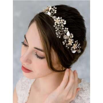 SWEETV Bridal Headband Wedding Headpiece for Bride Hair Accessories for Wedding Hair Pieces Crystal Pearl Hair Vine Gold