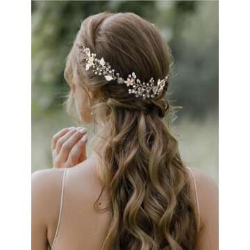 SWEETV Bridal Headband Wedding Headpiece for Bride Hair Accessories for Wedding Hair Pieces Crystal Pearl Hair Vine Gold