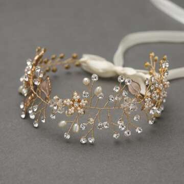 SWEETV Bridal Headband Wedding Headpiece for Bride Hair Accessories for Wedding Hair Pieces Crystal Pearl Hair Vine Gold