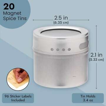 Juvale 20 Pack Magnetic Spice Containers for Refrigerator with 94 Labeling Stickers, Seasoning Jars with Clear Sift and Pour Top Lids (3.4 oz)