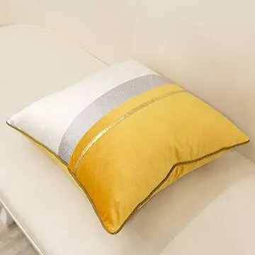 Avigers 20 x 20 Inches Yellow White Gold Leather Striped Patchwork Velvet Cushion Case Luxury Modern Throw Pillow Cover Decorative Pillow for Couch Living Room Bedroom Car