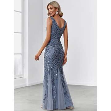 Women's V-Neck Embroidered Lace Floor Length Mermaid Dress Haze Blue US6
