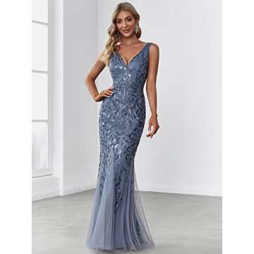 Women's V-Neck Embroidered Lace Floor Length Mermaid Dress Haze Blue US6